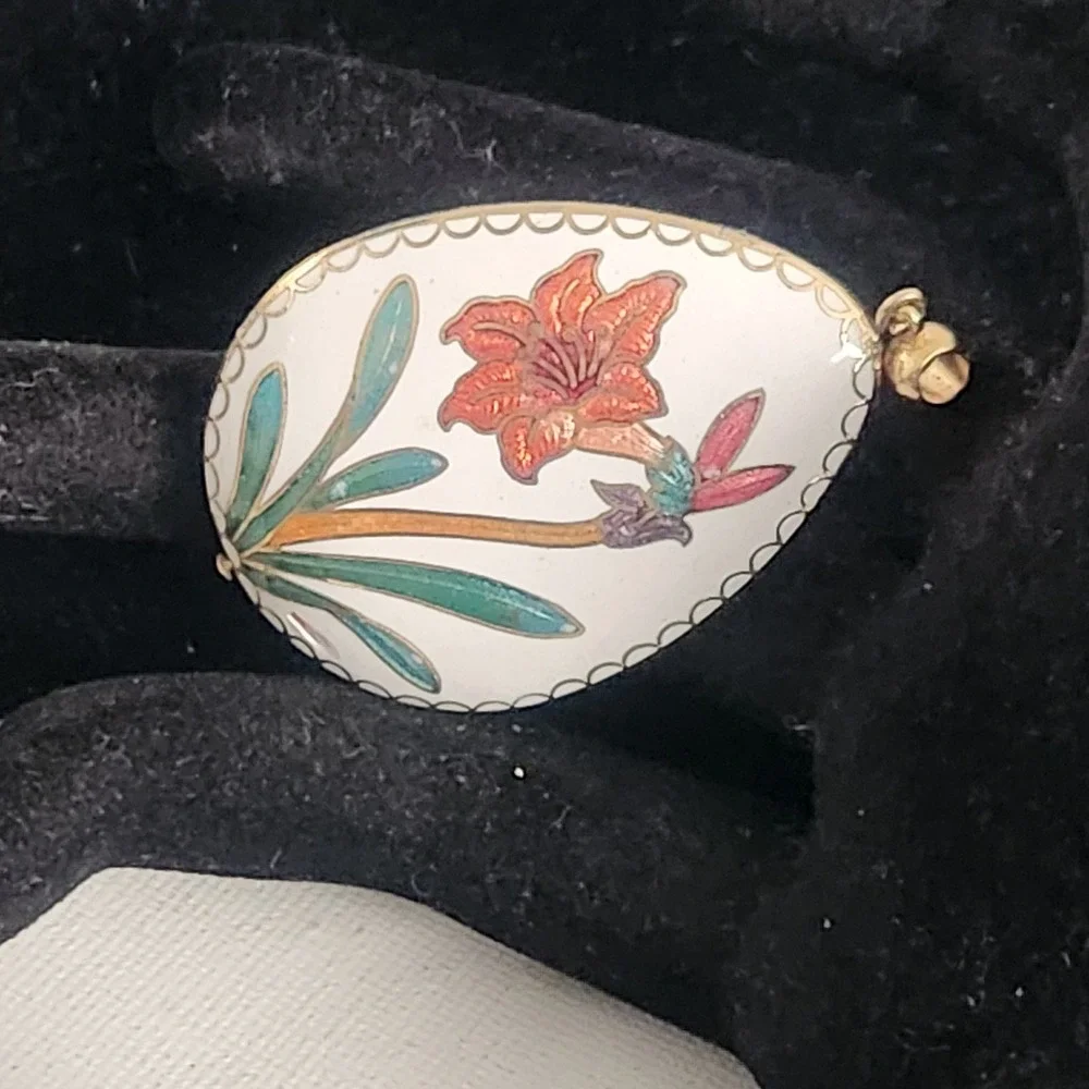 Vintage Cloisonne Enamel‎ Egg Pendant White Orange Floral Lily Gold Tone Charm